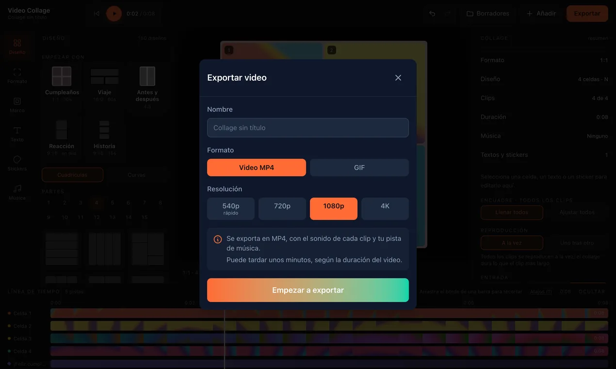La ventana Exportar video: nombre, MP4 o GIF y resoluciones de 540p a 4K