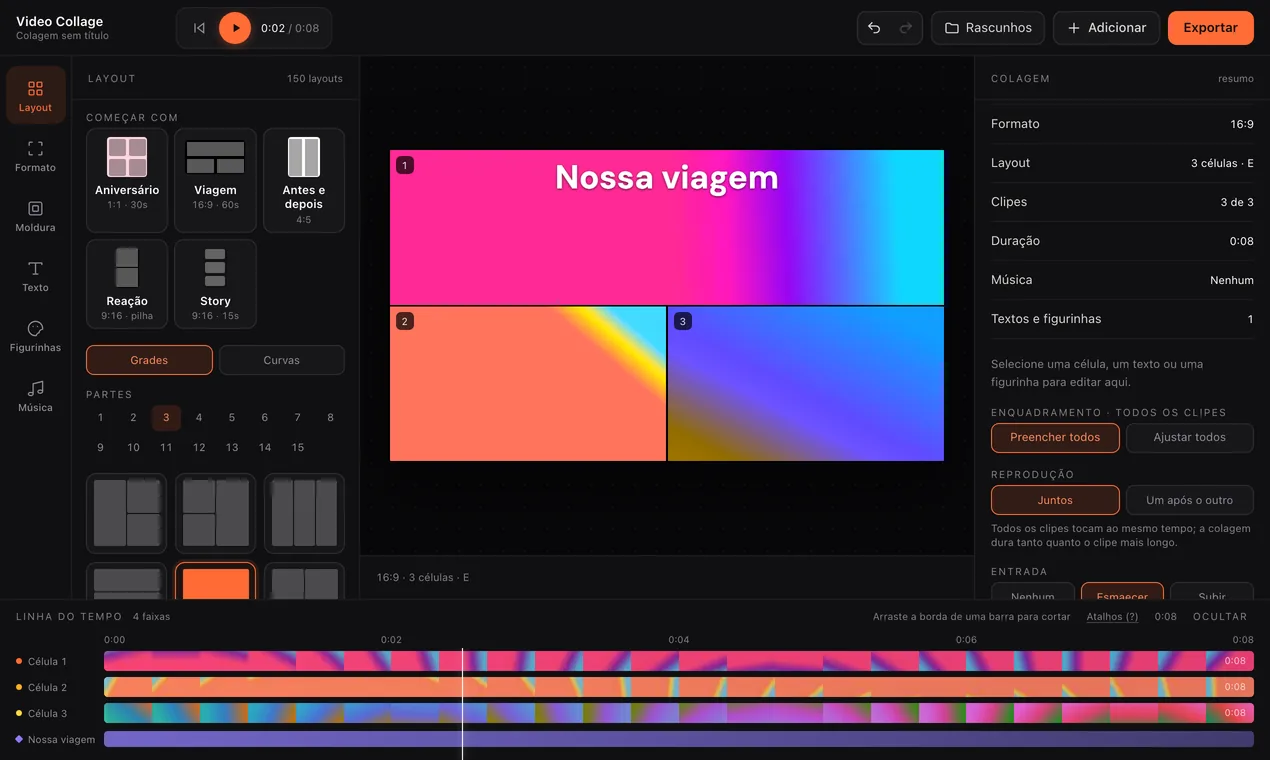 A aba Layout: modelos no topo e grades embaixo, com uma colagem 16:9 de três clipes